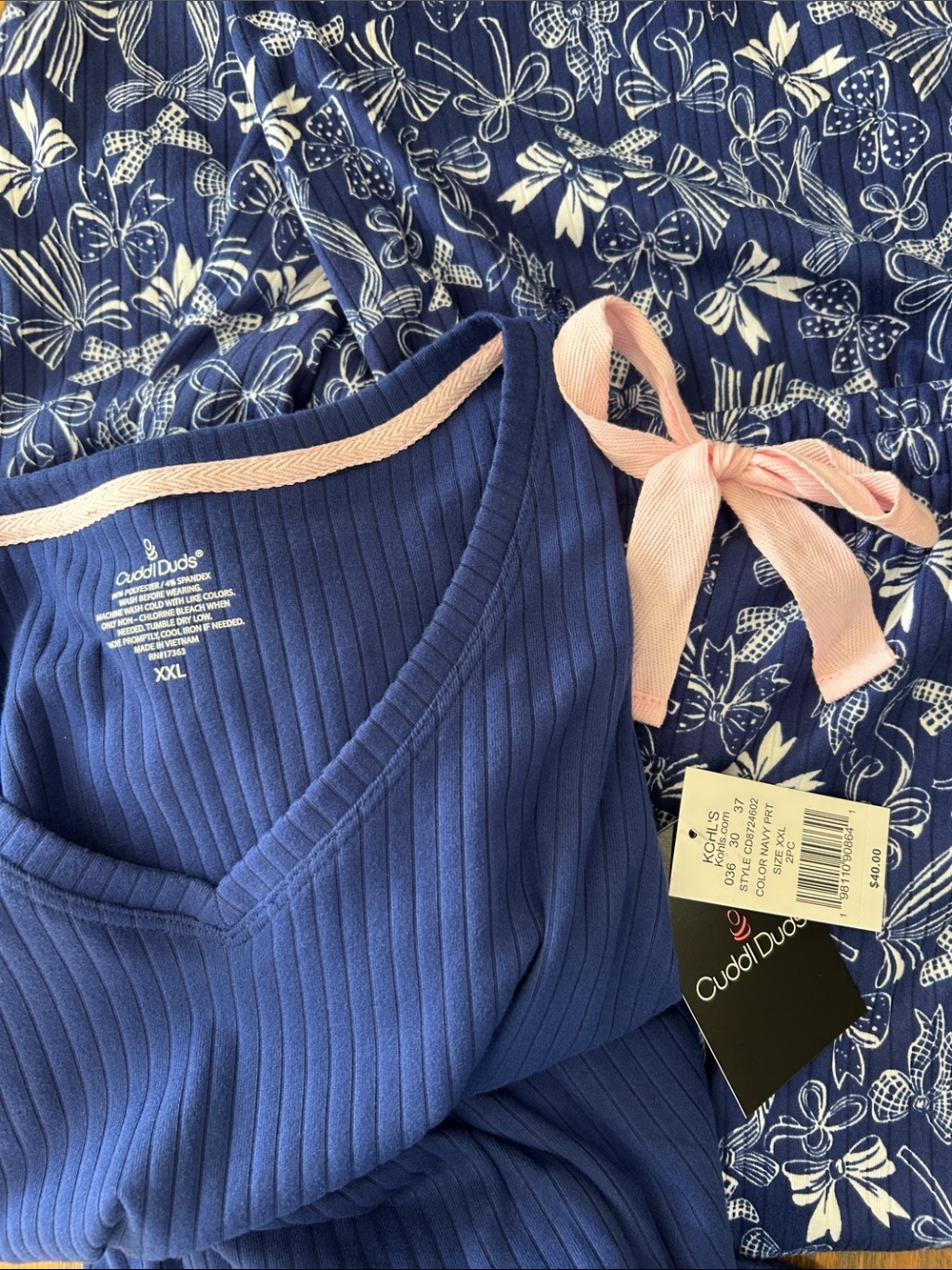 Cuddl Duds Ribbed V‑Neck Top & Pajama Bottoms Set, Plus Size, XXL, NWT